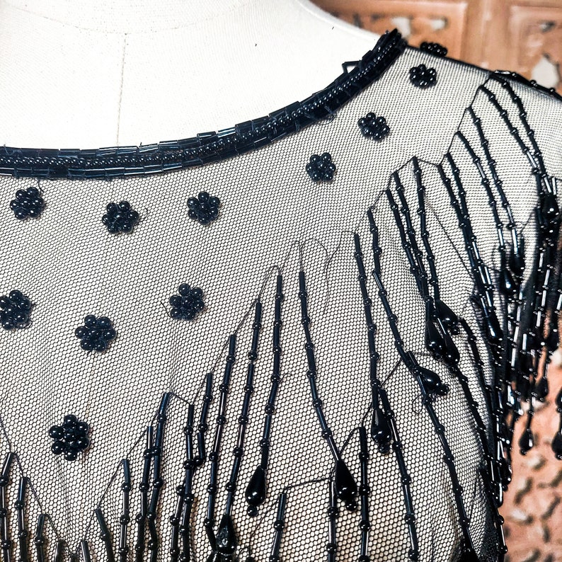 Antique Victorian Beaded Mourning Collar Tulle Floral Fringe Goth Capelet image 5