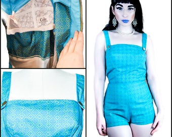 Vintage 1960s Teal Overall Midcentury Rockabilly Playsuit | 60s Cole of California MCM Pinup Geometric Summer Romper