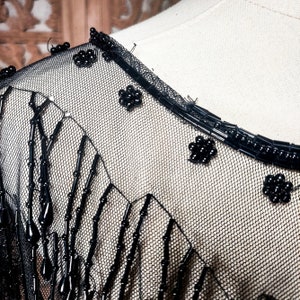 Antique Victorian Beaded Mourning Collar Tulle Floral Fringe Goth Capelet image 4