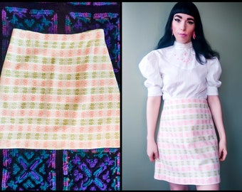 Vintage 1960s Flower Power Mini Skirt | Pink and Green Pastel Gogo Skirt | Size Medium