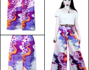 Vintage jaren 1970 Wide Leg Psychedelische Mod Lounge Broek | Jaren '70 abstracte rimpel handgemaakte polyester Palazzo broek