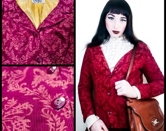 Vintage 60s Damask Corduroy Blazer | 1960s Burgundy Academia Jacket | Size Small