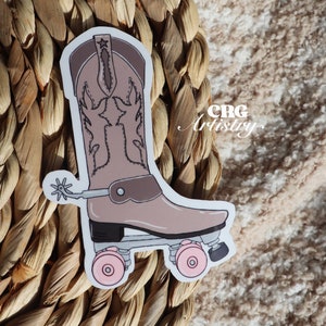 Adesivo in vinile per pattini a rotelle con stivale da cowboy, pattini a rotelle rosa e marrone chiaro