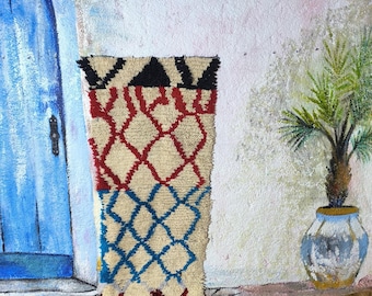 Alfombra marroquí vintage Boucherouite; alfombra bereber de algodón de colores