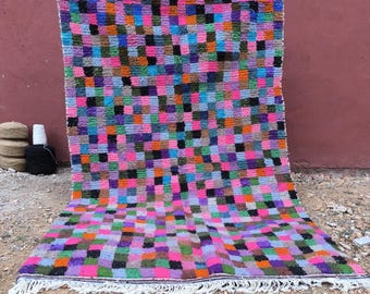 Checkered Rug: handmade wool Moroccan Berber Carpet blue yellow green,10X10