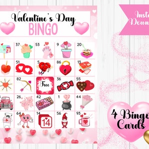 Valentine&#39;s Day Printable Bingo Cards - 8.5&quot; x 11&quot; - 4 Different Cards