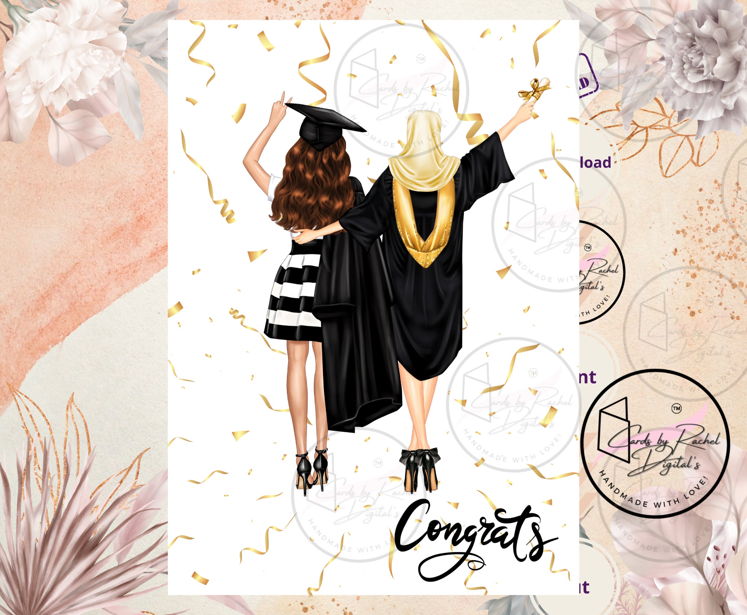 Printable Graduation Black and Gold Female Digital Greeting Card ...