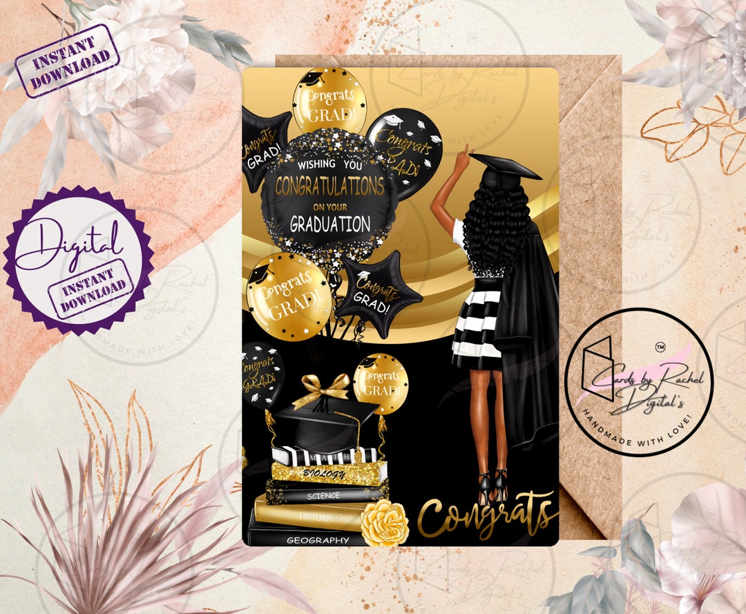 Printable Graduation Black and Gold Female Digital Greeting - Etsy