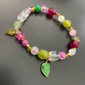 Purplish pink and green beaded leaf charm handmade beaded bracelet