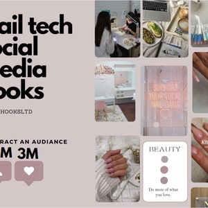 Könnte beinhalten: Eine Collage von Bildern, die mit Nagelkunst und Nagelstudios zu tun haben. Die Bilder zeigen eine Nageldesignerin, die an den Nägeln einer Kundin arbeitet, eine Auswahl an Nagellacken, ein Schild mit der Aufschrift "Unterstütze deinen lokalen Nagel-Gang" und eine Hand mit pinkfarbenen und weißen Acrylnägeln. Der Text "Nail Tech Social Media Hooks" befindet sich oben auf der Collage, und der Text "Attract an Audience 1.5M 3M" befindet sich unten.