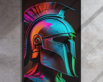 May include: Framed artwork featuring a neon-colored Spartan helmet. The helmet is rendered in shades of blue, green, orange, and pink, with a textured appearance. The artwork is set against a dark background, enhancing the vibrant colors.