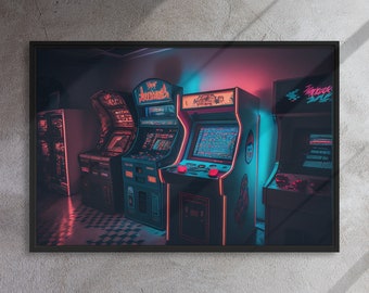 May include: A row of four vintage arcade game cabinets in a dimly lit room. The cabinets are lit with neon lights in pink, blue, and purple. The cabinets are all different colors and have different designs. The cabinets are all turned on and ready to play.