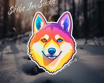 May include: A colorful sticker featuring a Shiba Inu dog with a rainbow gradient design. The dog has a happy expression and is looking directly at the viewer. The sticker says "Shiba Inu Sticker" at the top.