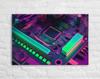 May include: A close-up of a computer motherboard with neon green and pink accents. The motherboard has a variety of chips and connectors, and the neon colours create a futuristic and abstract look.