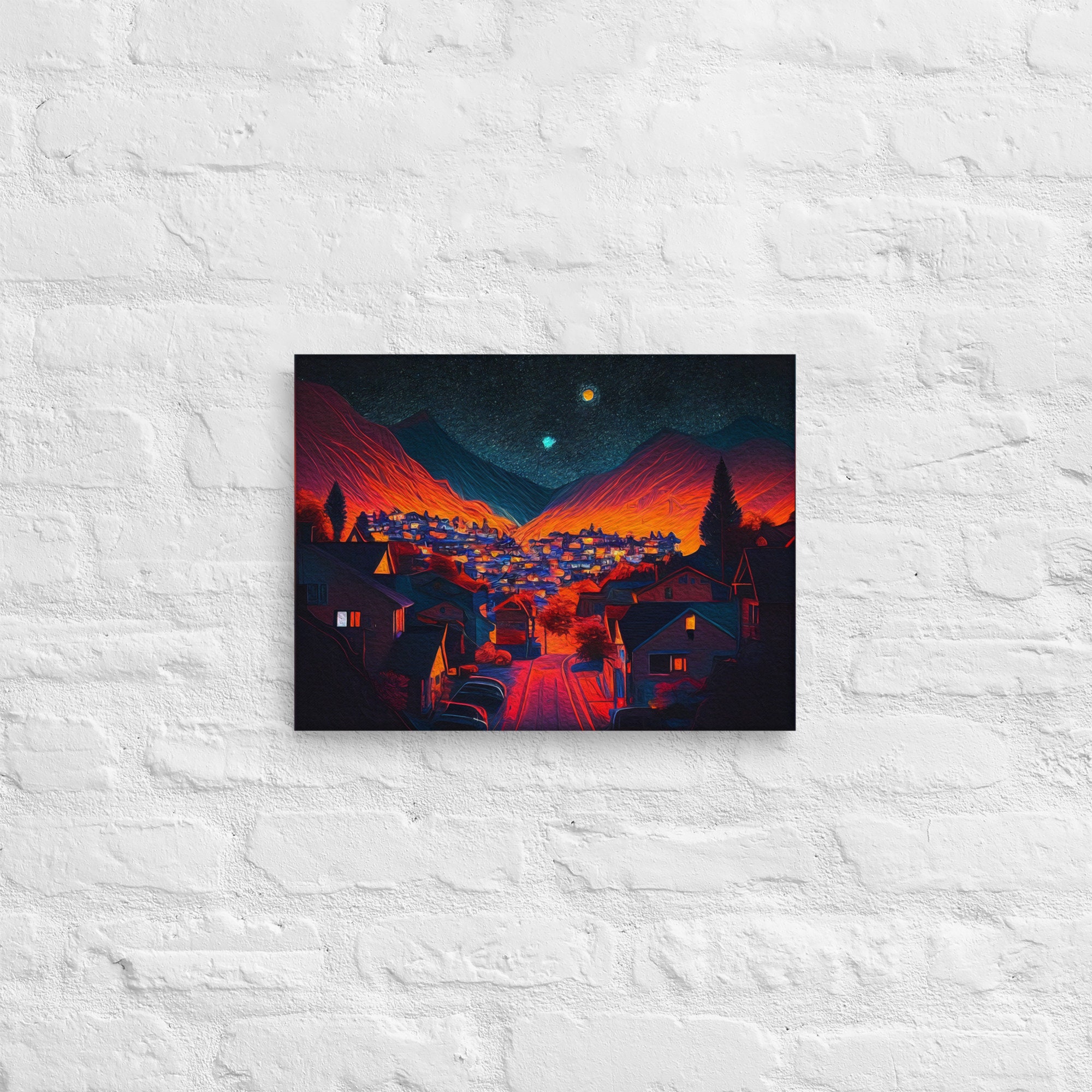 Mountain Town Starry Sky | Canvas Print Colorful Night Sky Painting ...