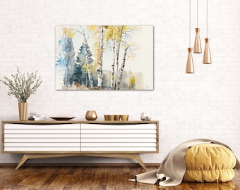 Decorazione da parete per la casa in betulla illuminata dal sole/tela, arte da parete in legno di betulla, pezzo di tendenza per il divano sopra il divano, arte della natura, foresta, ramo