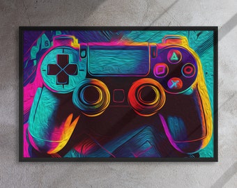 May include: A colorful, abstract painting of a video game controller. The controller is black with neon blue, yellow, and red accents. The background is a mix of blue, yellow, and red.