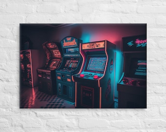 May include: Three vintage arcade game cabinets with neon lights. The cabinets are black with colorful graphics and buttons. The cabinets are lit with pink and blue neon lights. The cabinets are in a dark room with a checkered floor.