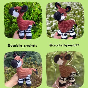 May include: A Tester Spotlight image featuring four crochet okapi figures. Each okapi has a brown body, black and white striped legs, and black ears. The text "Tester Spotlight" is at the top. Social media handles are listed below each okapi.
