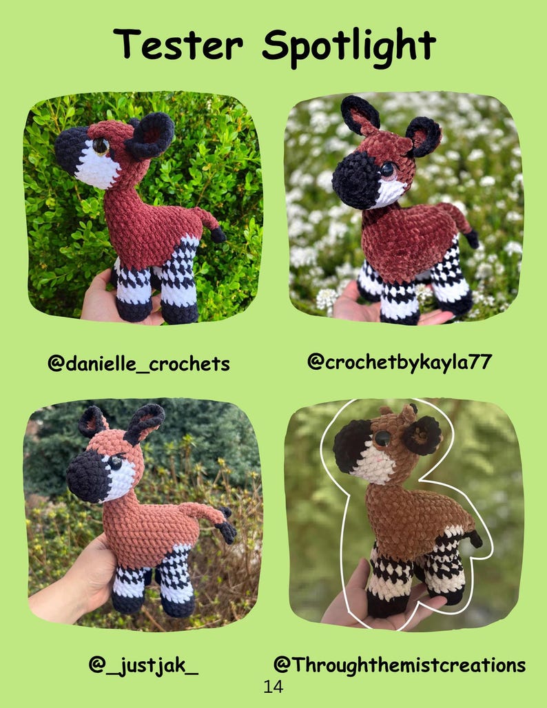 May include: A Tester Spotlight image featuring four crochet okapi figures. Each okapi has a brown body, black and white striped legs, and black ears. The text "Tester Spotlight" is at the top. Social media handles are listed below each okapi.