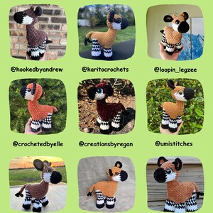 May include: A green background with the text "Tester Spotlight" and the number "13". Nine crocheted okapi figures are displayed, each with a unique design and color scheme. Each figure is accompanied by a social media handle.