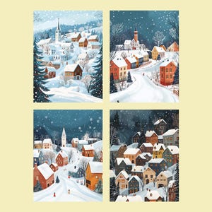 Lot de 4 cartes postales de Noël, ville d'hiver, cartes postales de vacances imprimables à encadrer, décoration murale à télécharger