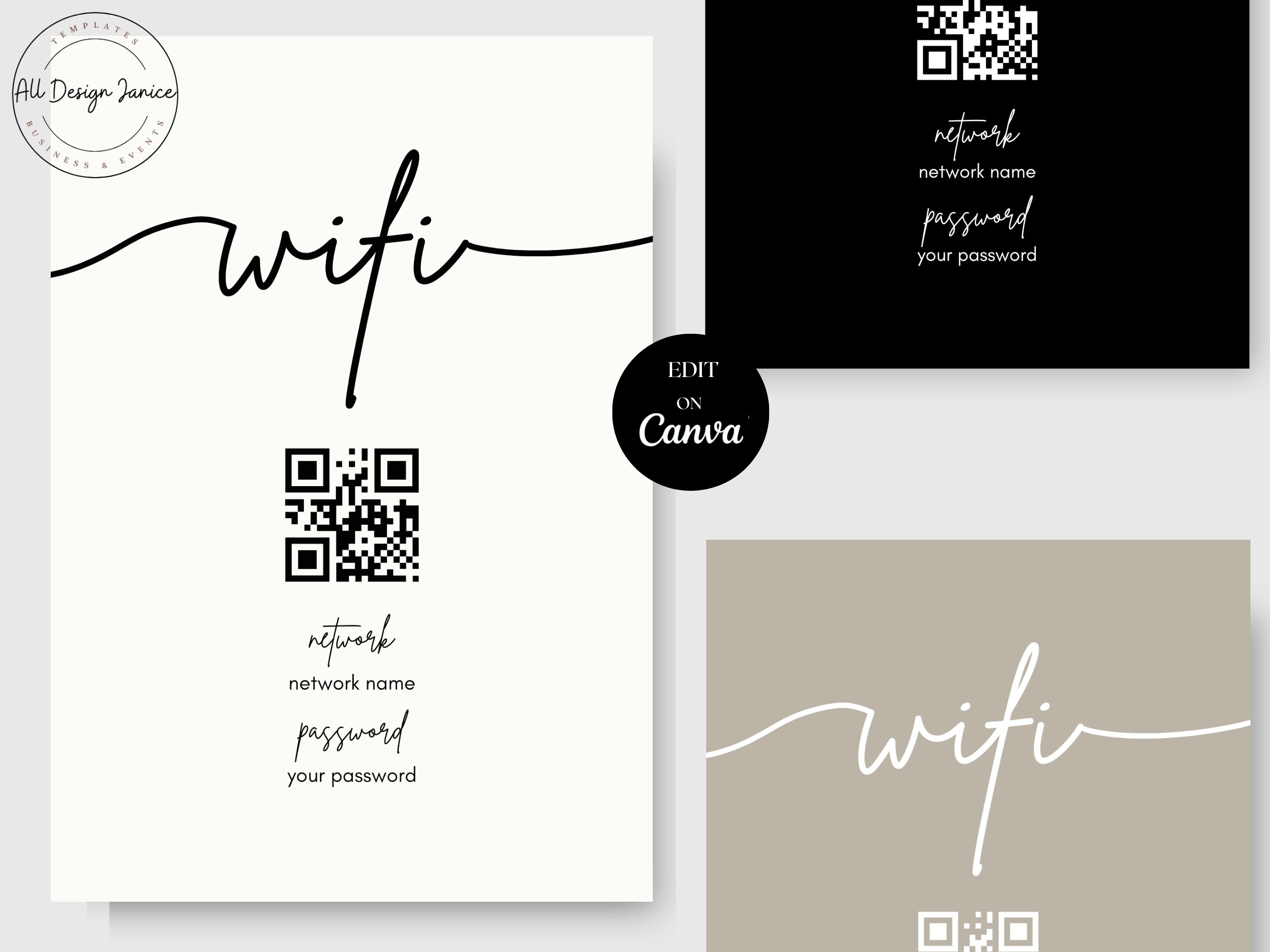 Wifi QR Code Sign, Printable Wifi Sign, Wifi Password Sign, Editable, Instant Download, Wifi ...