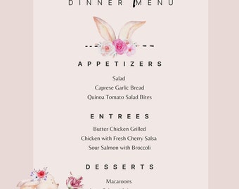 CUTIE Easter Menu Template, Editable menu, Birthday Menu Card, Watercolor Bunny Rabbit Dinner Lunch Wedding Menu Card, High Quality Print