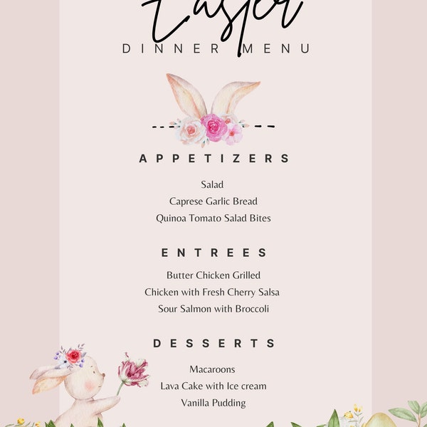 CUTIE Easter Menu Template, Editable menu, Birthday Menu Card, Watercolor Bunny Rabbit Dinner Lunch Wedding Menu Card, High Quality Print