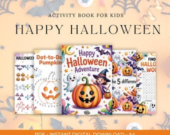 May include: A collection of Halloween-themed activity books for kids. The books feature colorful illustrations of pumpkins, ghosts, witches, and bats. The text on the books reads "Happy Halloween Adventure" and "Dot-to-Do Pumpkin". The books are available as a PDF digital download.