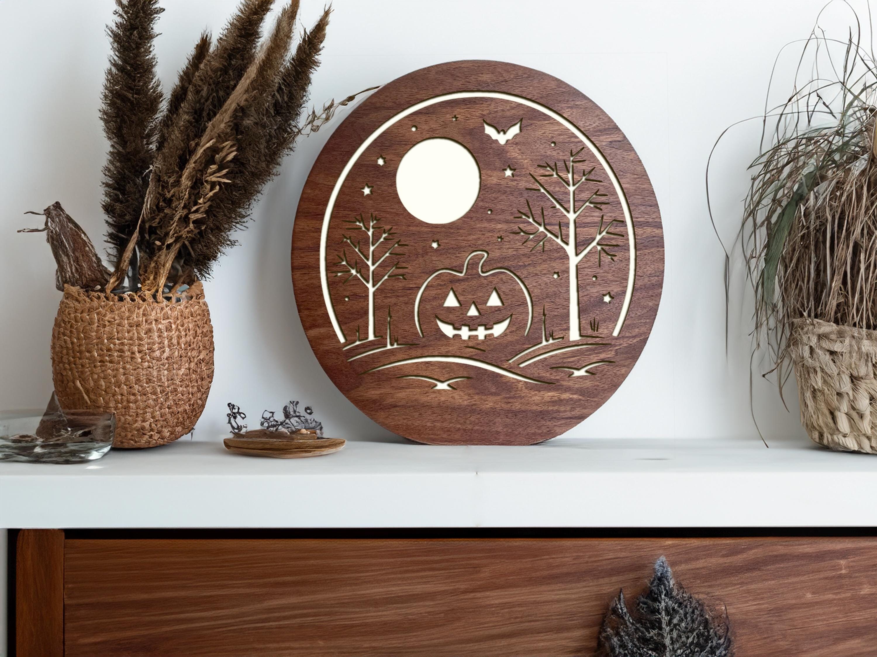 Halloween Pumpkin Design Wooden LED Lamp – Laser-Cut, Dimmable Switch, USB Powered, Warm White Light – Perfect Kids Décor Gift