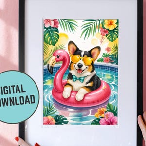 Benutzerdefinierte digitaler Download, Sommer Pool Kunst Grußkarten, Tricolor Corgis Hund Geburtstag personalisierbar Hundeliebhaber druckbar