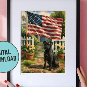 Download digitale personalizzato, biglietti d'auguri artistici per il 4 luglio, cane Boxer nero, compleanno personalizzabile, bandiera americana patriottica stampabile fai da te