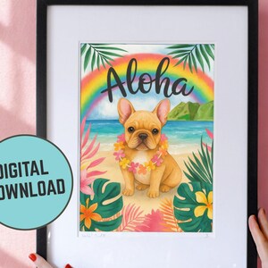 Download digitale personalizzato, biglietti d'auguri Aloha Art, Bulldog francese fulvo, compleanno personalizzabile, immagine Hawaii fai da te, decorazioni tropicali, Bulldog francese