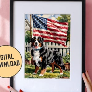Download digital personalizado, cartões comemorativos de 4 de julho, cão da montanha Bernese, personalizáveis para aniversário, bandeira americana patriótica para impressão faça você mesmo
