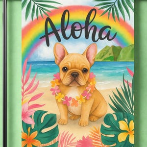 Drapeau de jardin, bouledogue français fauve Aloha Luau, décoration de fête, scène de plage tropicale hawaïenne, pendaison de crémaillère de jardin à Hawaï, décoration d'île