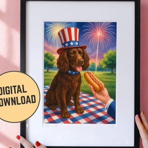 Custom Digital Download, 4th Of July Art Greeting Cards, Brown Springer Spaniel Dog Birthday Personalizable, Patriotic USA United States