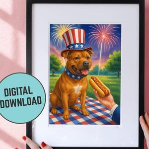 Custom Digital Download, 4th Of July Greeting Card, Brown Staffordshire Bull Terrier Dog Birthday Personalizable, Patriotic United States