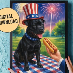 Custom Digital Download, 4th Of July Greeting Card, Black Staffordshire Bull Terrier Dog Birthday Personalizable, Patriotic United States