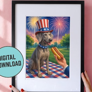 Download digitale personalizzato, biglietto d'auguri per il 4 luglio, compleanno del cane Weimaraner personalizzabile, clipart patriottico degli Stati Uniti d'America