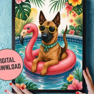 Descarga digital personalizada, arte de piscina de verano, tarjetas de felicitación, cumpleaños de perro belga malinois, regalo imprimible personalizable para amantes de los perros, inauguración de la casa