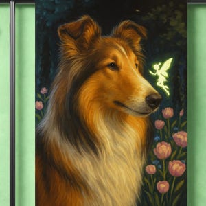Striscione da giardino fatato, bandiera con cane da pastore scozzese a pelo lungo, cartello da giardino per inaugurazione della casa di Trilli, cane che si trasferisce, decorazioni fantasy da giardiniere, regalo per la nuova casa