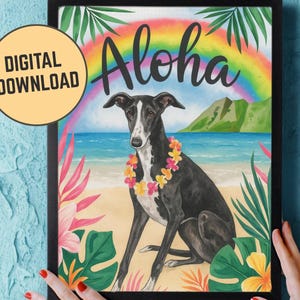 Téléchargement numérique personnalisé, cartes de voeux Aloha Art, chien lévrier noir et blanc, anniversaire personnalisable, image Hawaii bricolage, décoration tropicale, K9