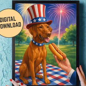 Download digitale personalizzato, biglietto d'auguri per il 4 luglio, compleanno del cane Vizsla personalizzabile, clipart patriottico degli Stati Uniti d'America