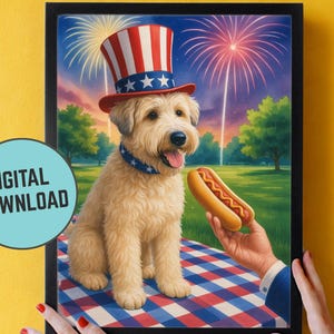 Download digitale personalizzato, biglietto d'auguri per il 4 luglio, compleanno personalizzabile del cane Wheaten, clipart patriottico del Westie degli Stati Uniti