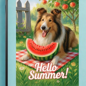 Bandiera da giardino, cartello da giardino con scritta "Ciao estate" a forma di anguria con cane da pastore scozzese a pelo lungo, decorazione per inaugurazione della casa da picnic, regalo per mamma e papà, nuova casa