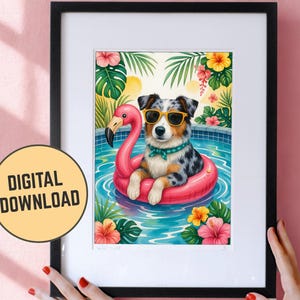 Custom Digital Download, Summer Pool Art, Greeting Cards, Merle Australian Shepherd Birthday, Personalizable Dog Lover Printable Gift