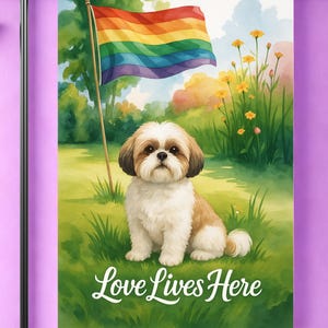 Bandiera da giardino, striscione LGBTQ+ Pride con Shih Tzu a pelo ruvido, Ally Love, decorazione arcobaleno, decorazione per la casa, inaugurazione della nuova casa, mese dell'orgoglio