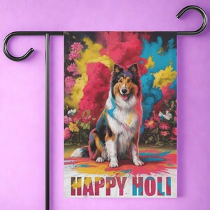 Bandiera da giardino a tema Holi per le feste indiane, decorazione divertente per esterni per amanti dei cani, celebrazione dei colori primaverili, inaugurazione della casa