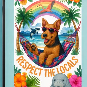 Bandiera da giardino per cani Airedale Terrier, Rispetta la gente del posto, Decorazione arcobaleno tropicale, Striscione per casa, Isola di Hawaii, Florida, Inaugurazione della nuova casa